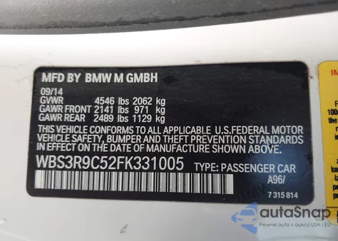 2015 BMW M4 z USA, uszkodzony, nr VIN WBS3R9C52FK331005